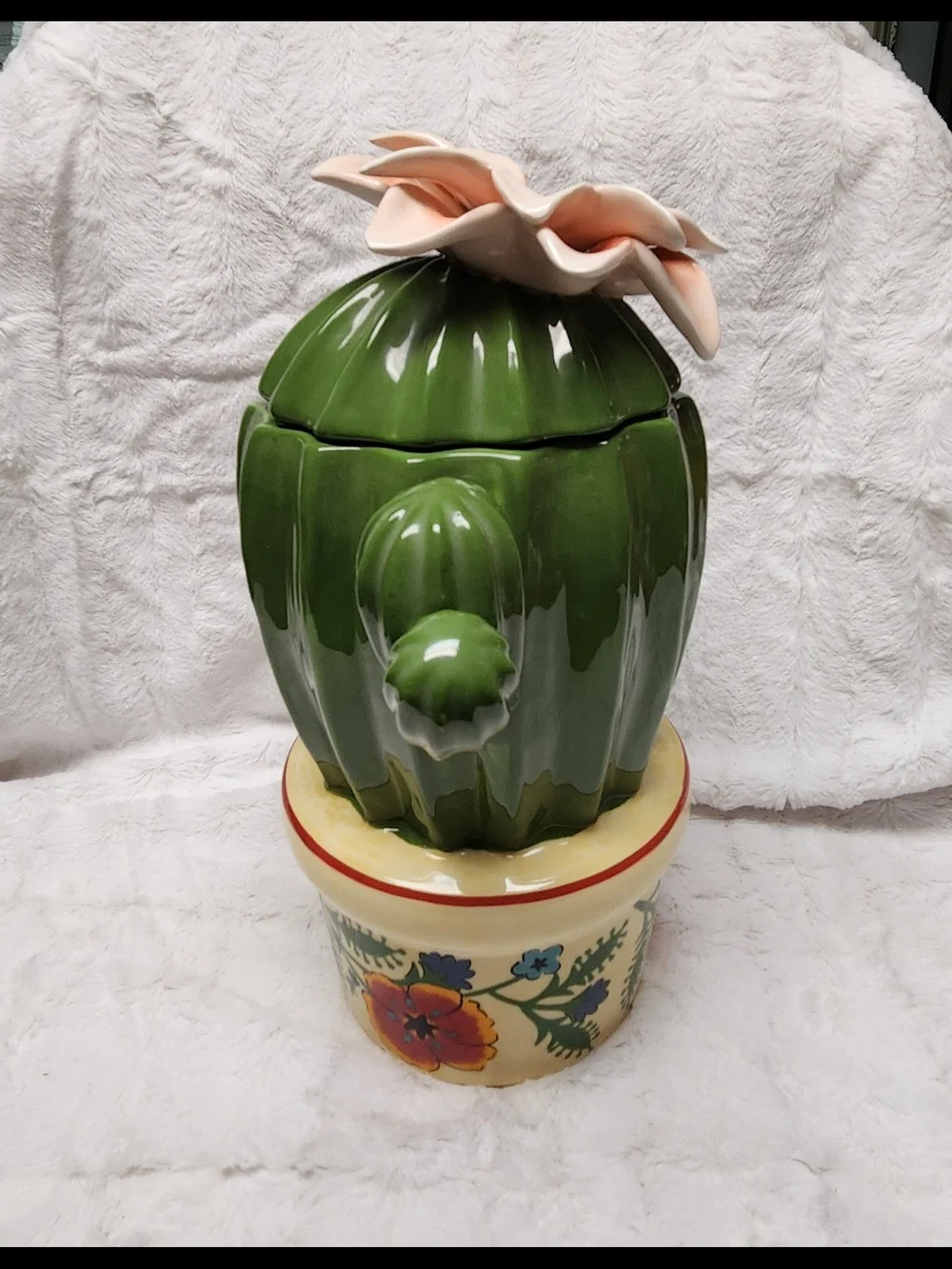 Cracker Barrel Green Cactus Cookie Jar with Peach Flower
